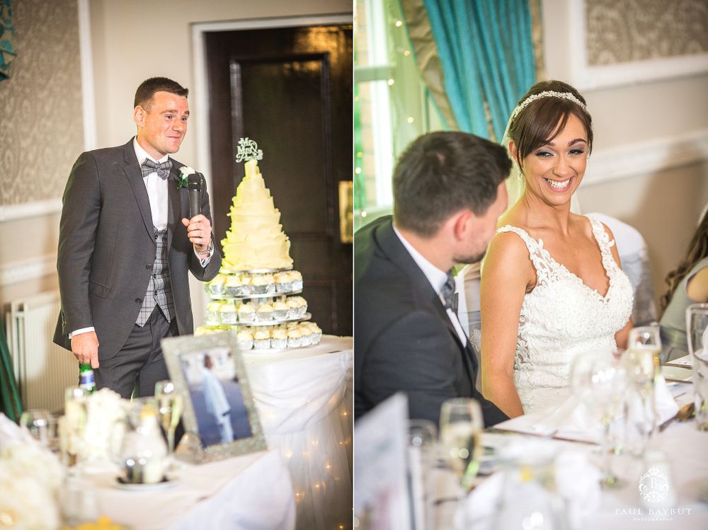 Wedding reception collage showing cake cutting preparation and table moments.