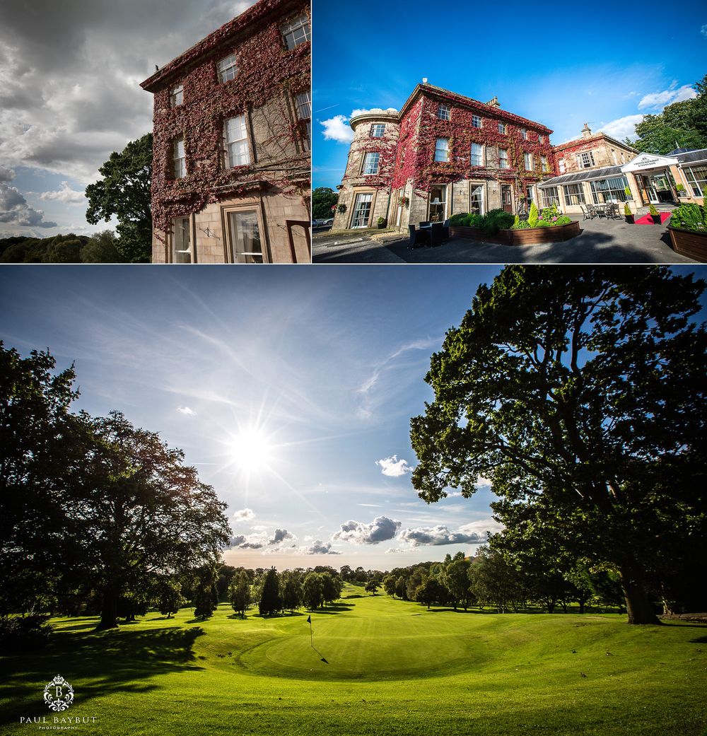 Venue exterior and golf course landscape views under dramatic sky.