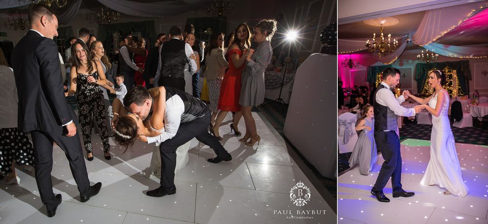 Wedding guests dancing on a white dance floor during a reception party with pink and purple lighting.