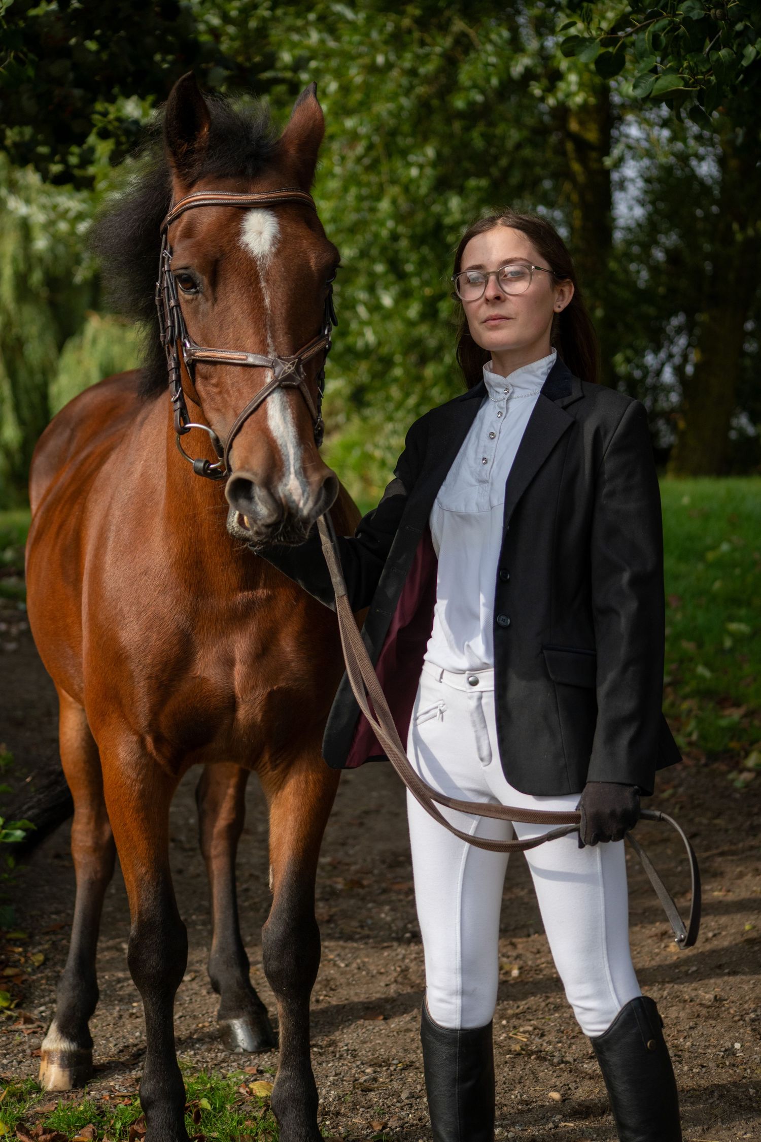 Chestnut horse in formal dressage tack stands with rider in traditional equestrian attire.