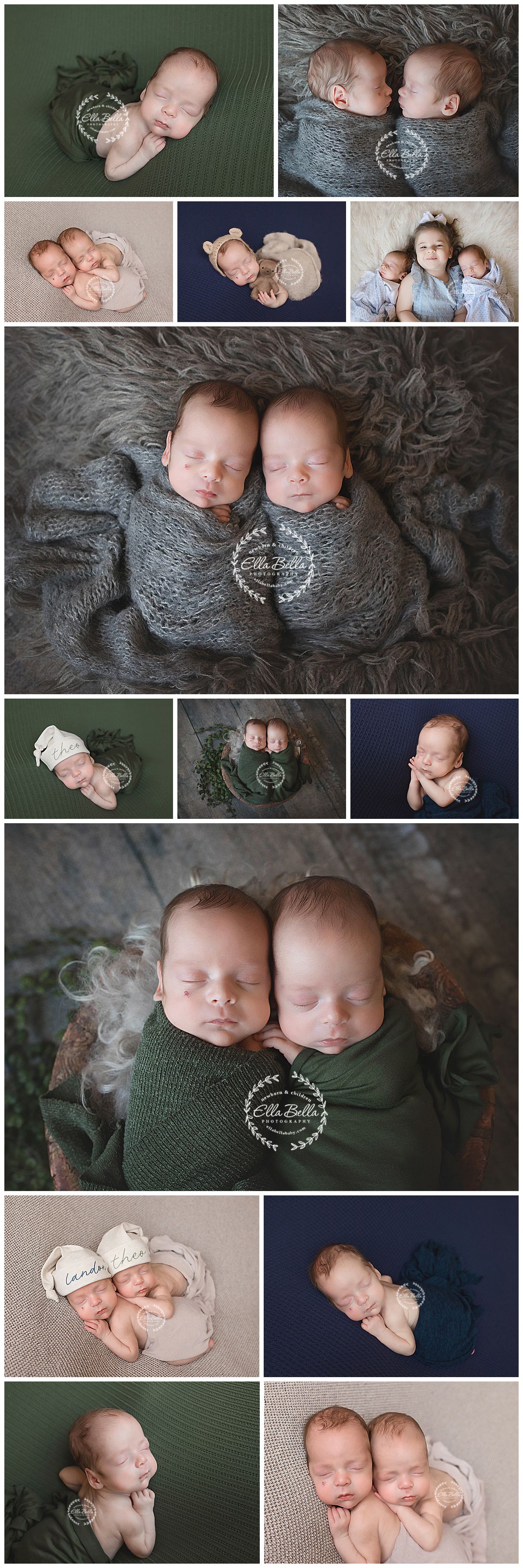 Collection of artistic newborn photography featuring twins in coordinated wraps and poses on textured backgrounds.