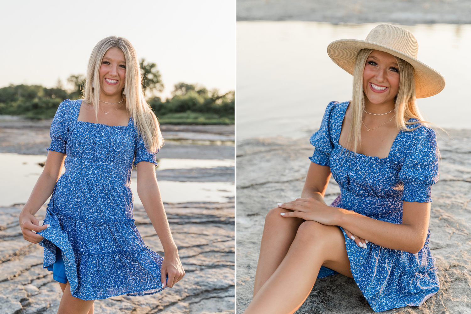 Perrysburg-area senior laughing in a flowy blue dress by the river during sunset at Side Cut Metropark in Maumee, OH.