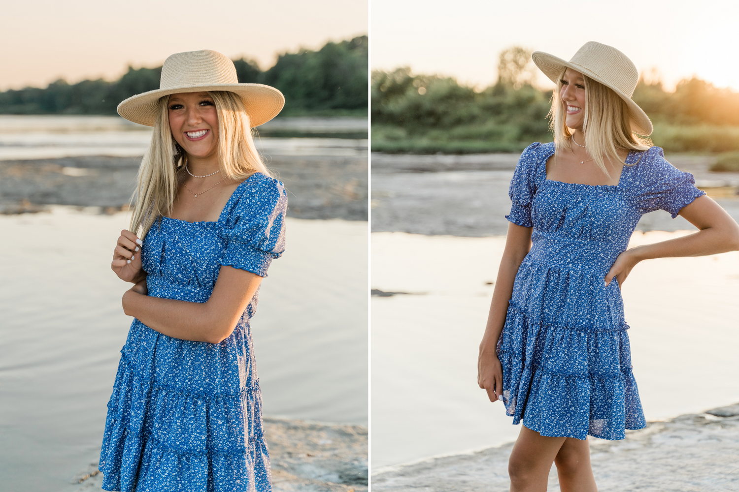 Golden hour senior photo of Springfield senior in flowy blue dress by the riverbank in Maumee.