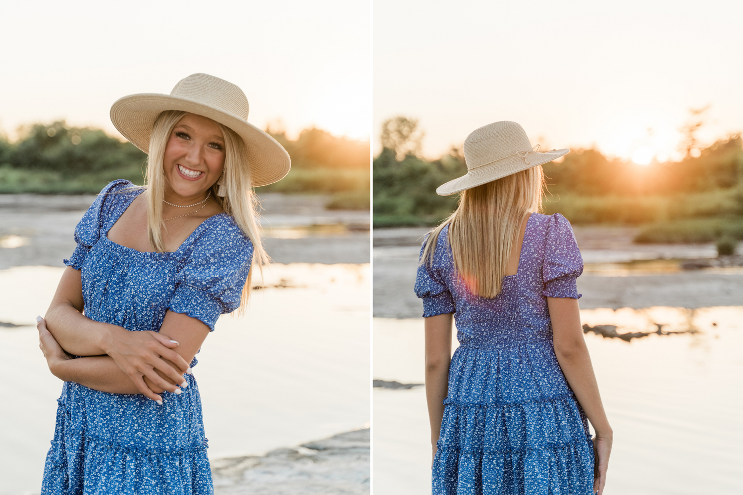 Springfield High School senior girl walking near the river in a blue summer dress and hat, golden hour glow at Side Cut Metropark.