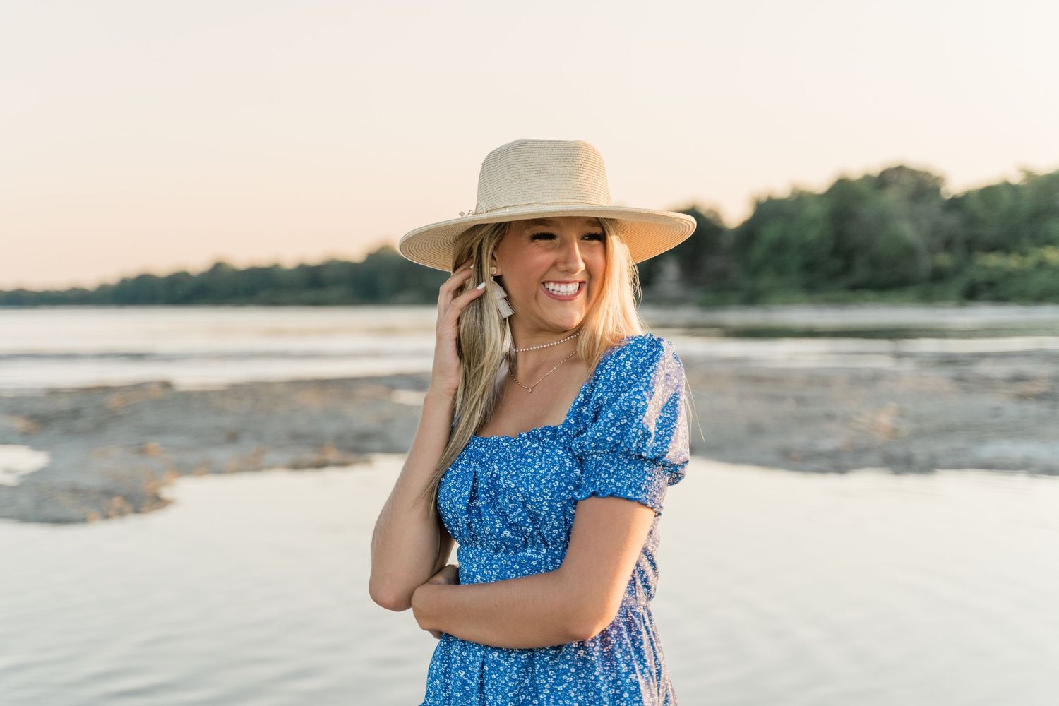 Beautiful evening light on senior girl in blue dress and hat – Side Cut Metropark senior photo session.