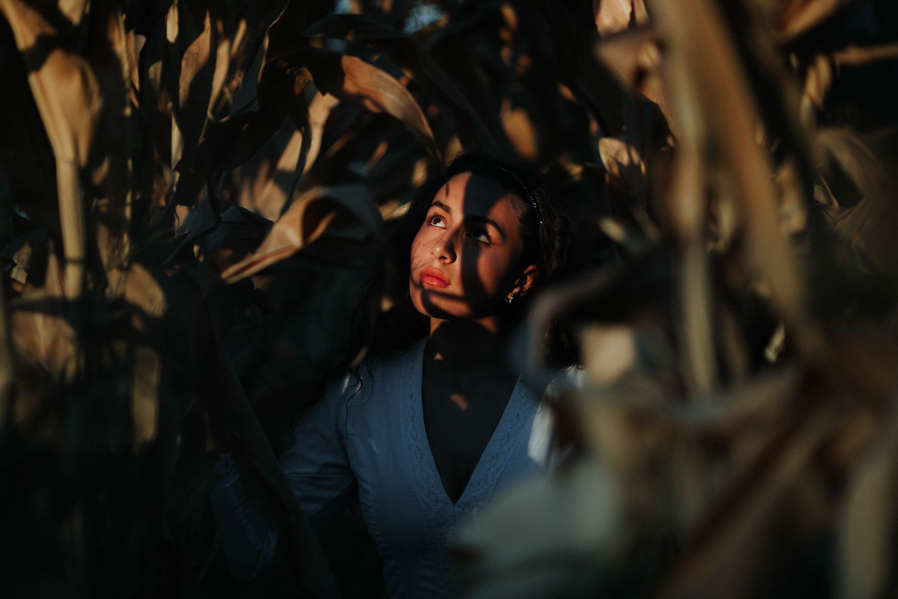 Artistic portrait in moody lighting among dark foliage.
