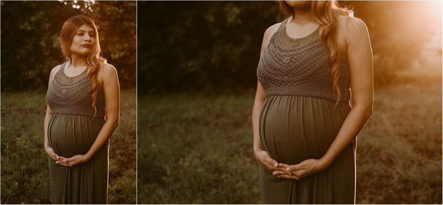 Pregnant woman in flowing olive dress poses during sunset outdoor photography session.