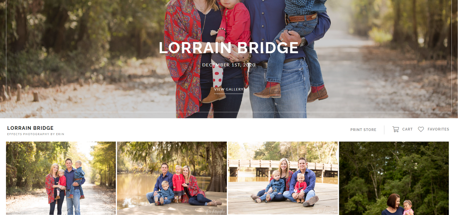 Photography portfolio gallery page showing multiple outdoor family photo thumbnails.