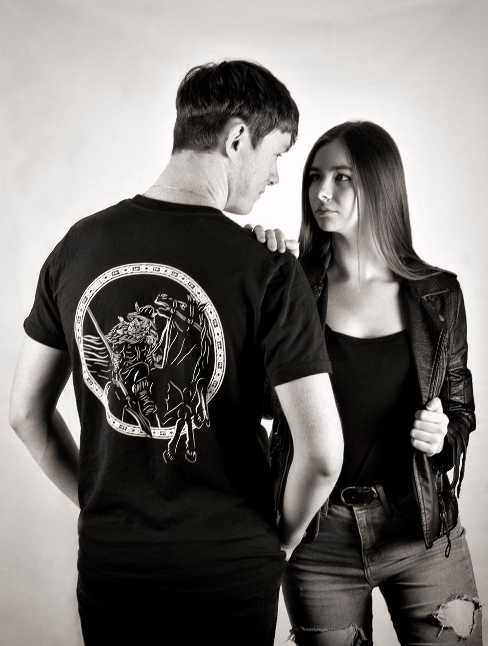 black and white fashion image of young couple together