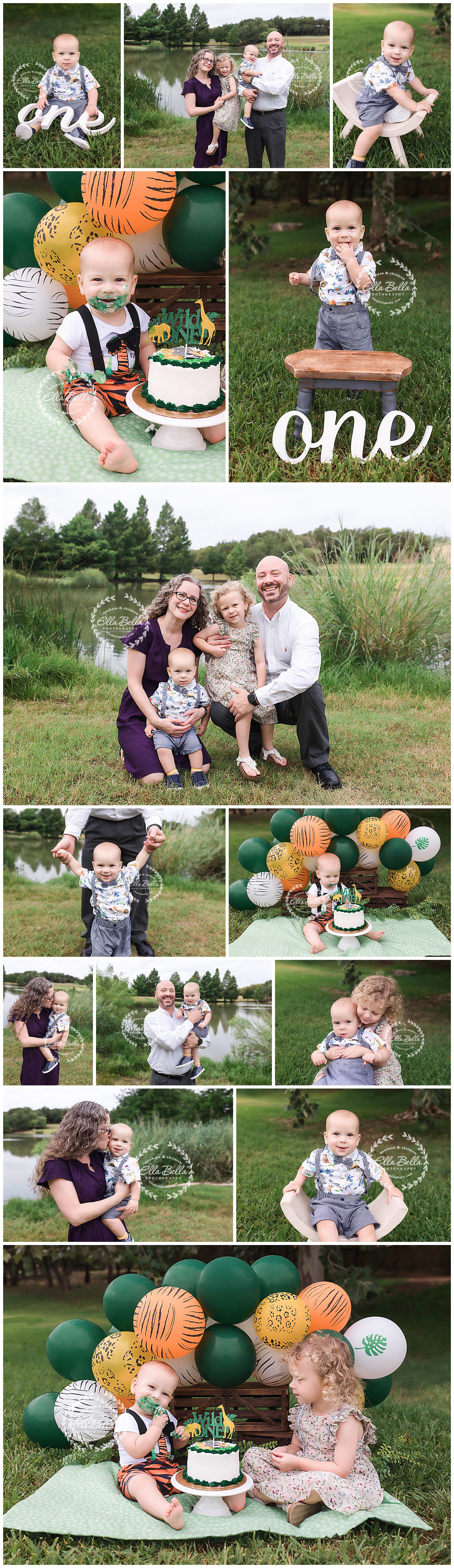 Collection of outdoor first birthday photos featuring green and orange balloon decorations and cake smash moments in a park setting.