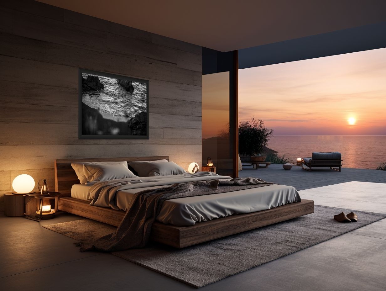 Luxurious modern bedroom with ocean view and sunset through floor-to-ceiling windows.