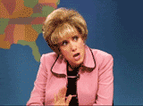 Person in pink jacket expressing exaggerated surprise against blue background.