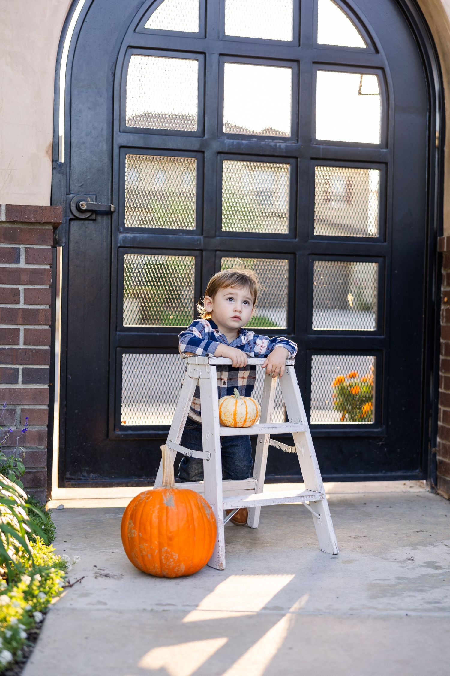 A small figure sits on a white ladder next to pumpkins in front of a black paneled door.