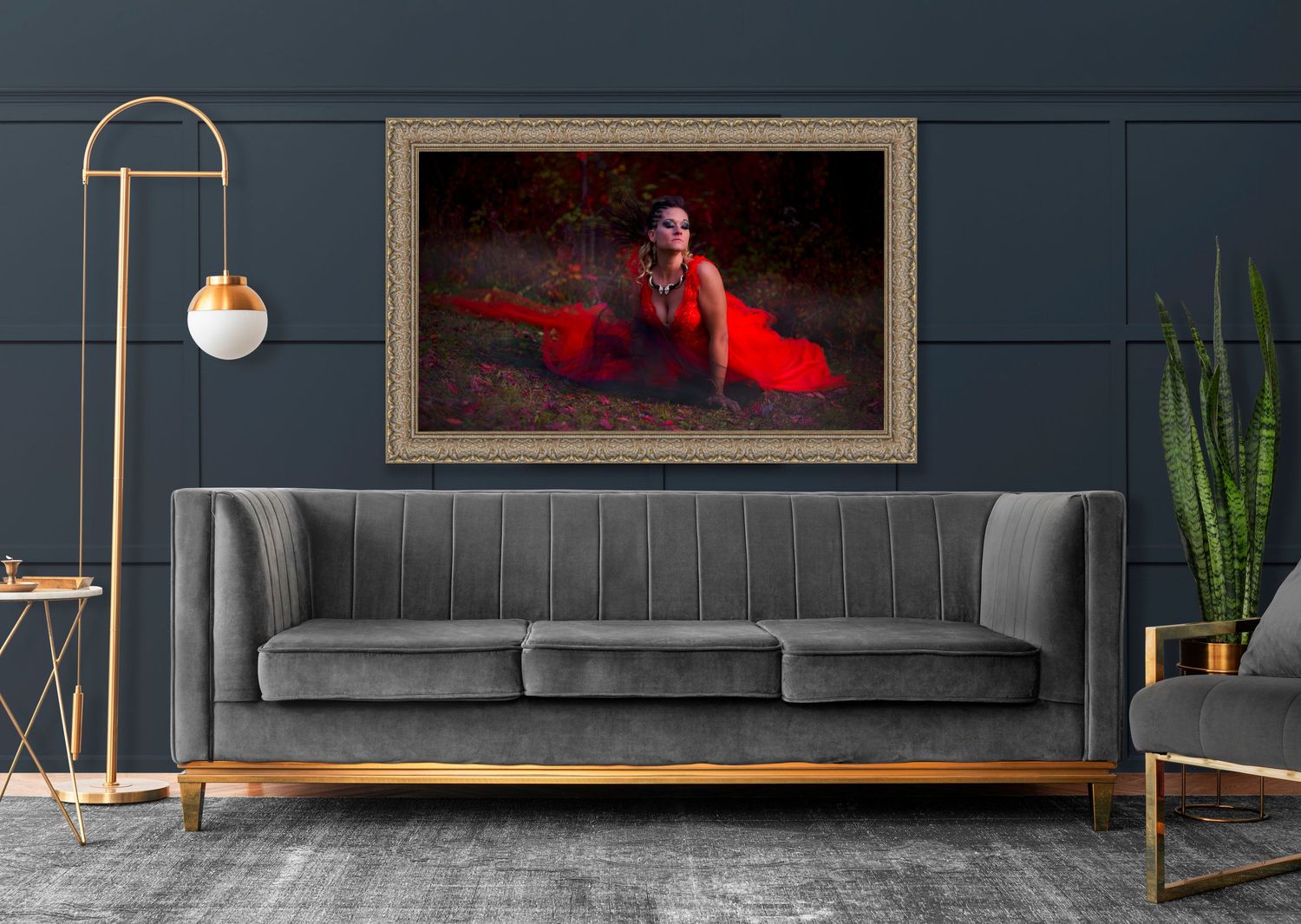 Living room with landscape canvas.