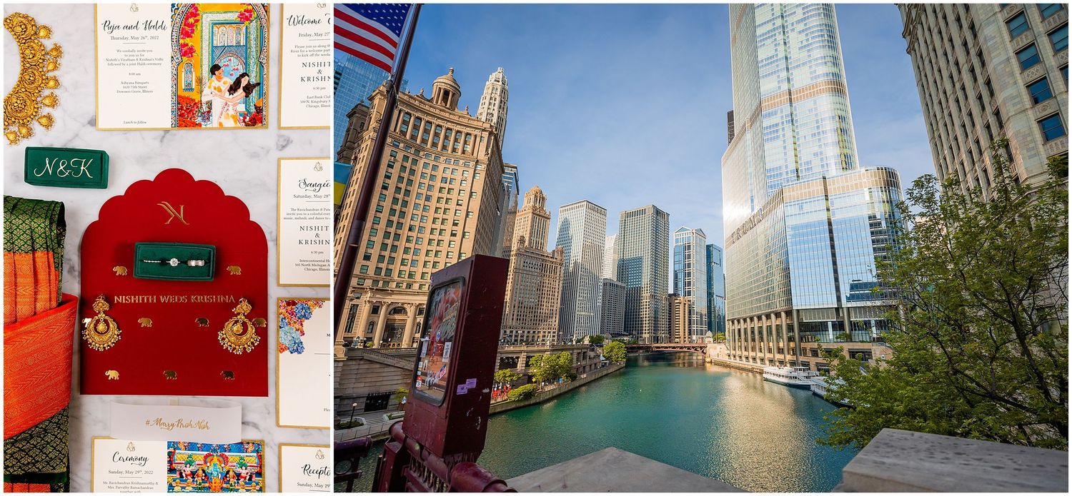 Split image showing red door with ornate details and Chicago River with downtown skyline.