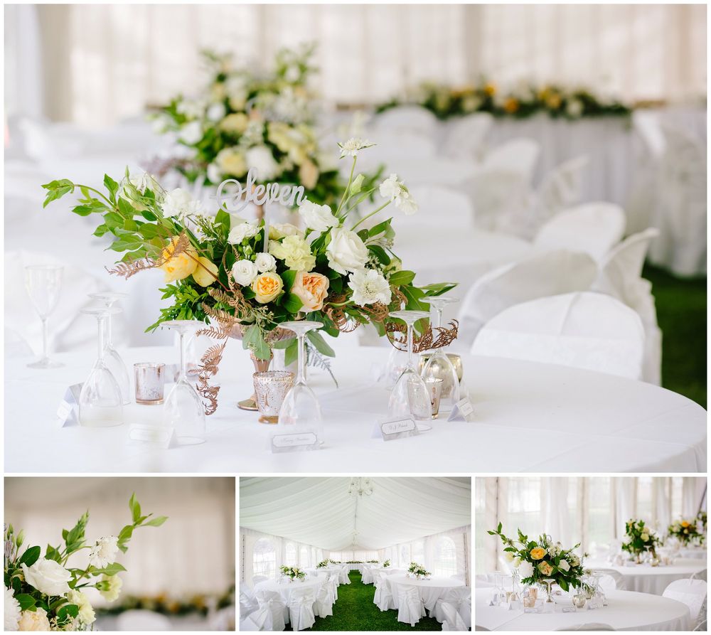 White and peach floral centerpieces on reception tables with elegant place settings.