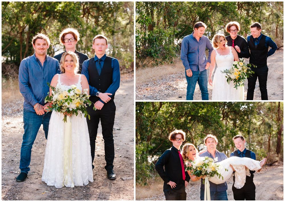 Wedding group photos with casual and formal poses in a natural outdoor setting.