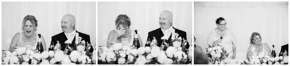 Black and white reception photos showing reactions during wedding speeches.
