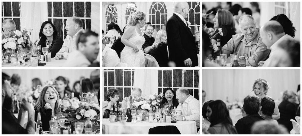 Candid black and white collage of wedding reception guests enjoying the celebration.