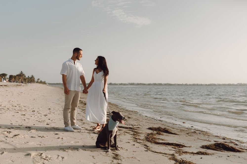 Beach engagement photo couple by the rocks and the ocean at sunset  with their dog