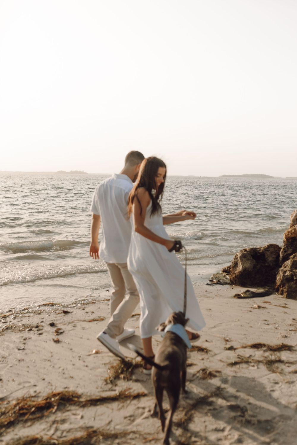 Beach engagement photo couple by the rocks and the ocean at sunset  with their dog