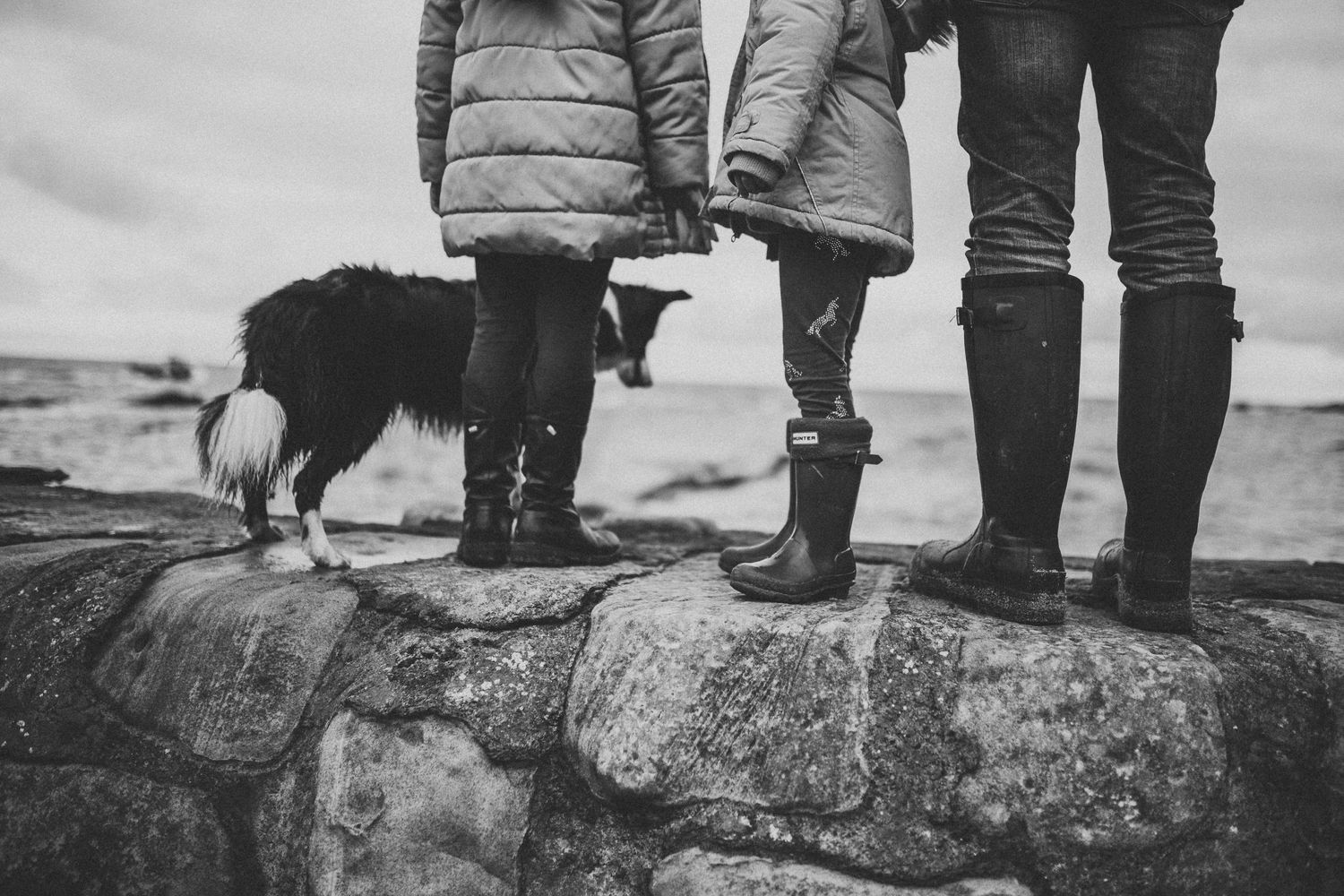 Black and white photo showing boots and a dog standing on stone blocks near water.