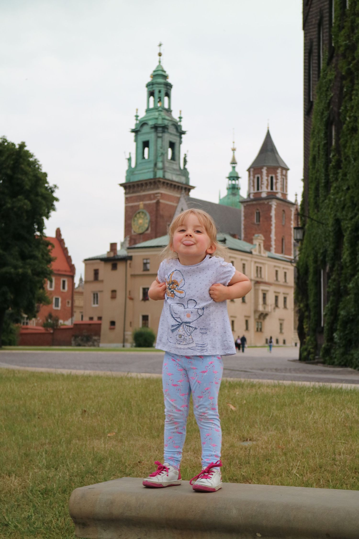 Historic Wawel Castle in Krakow with its distinctive green spires and towers against an overcast sky.