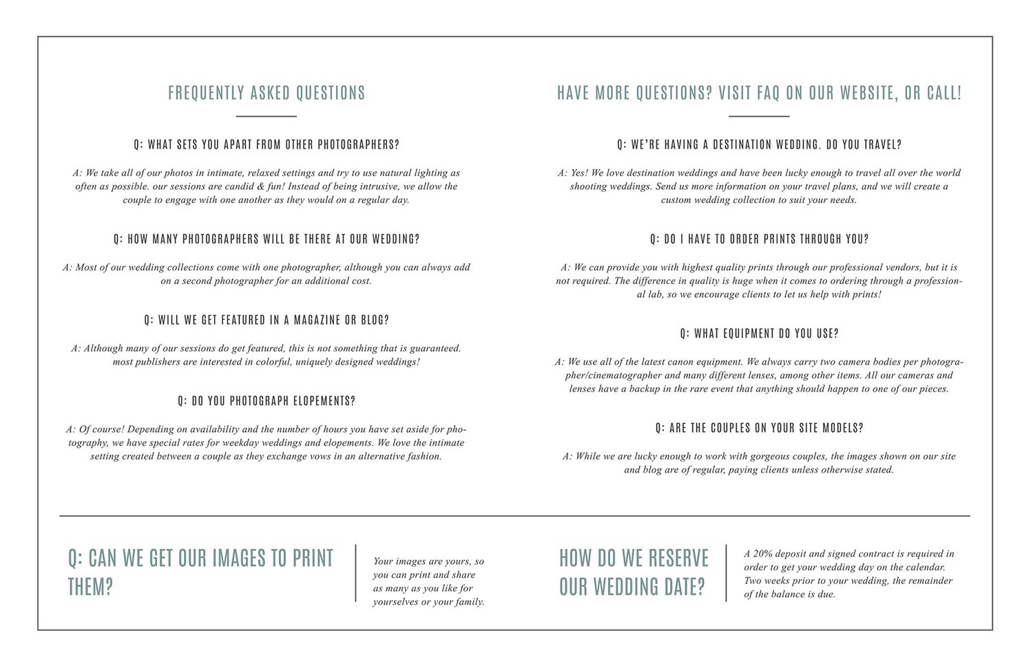 Wedding photography pricing guide layout with frequently asked questions sections.