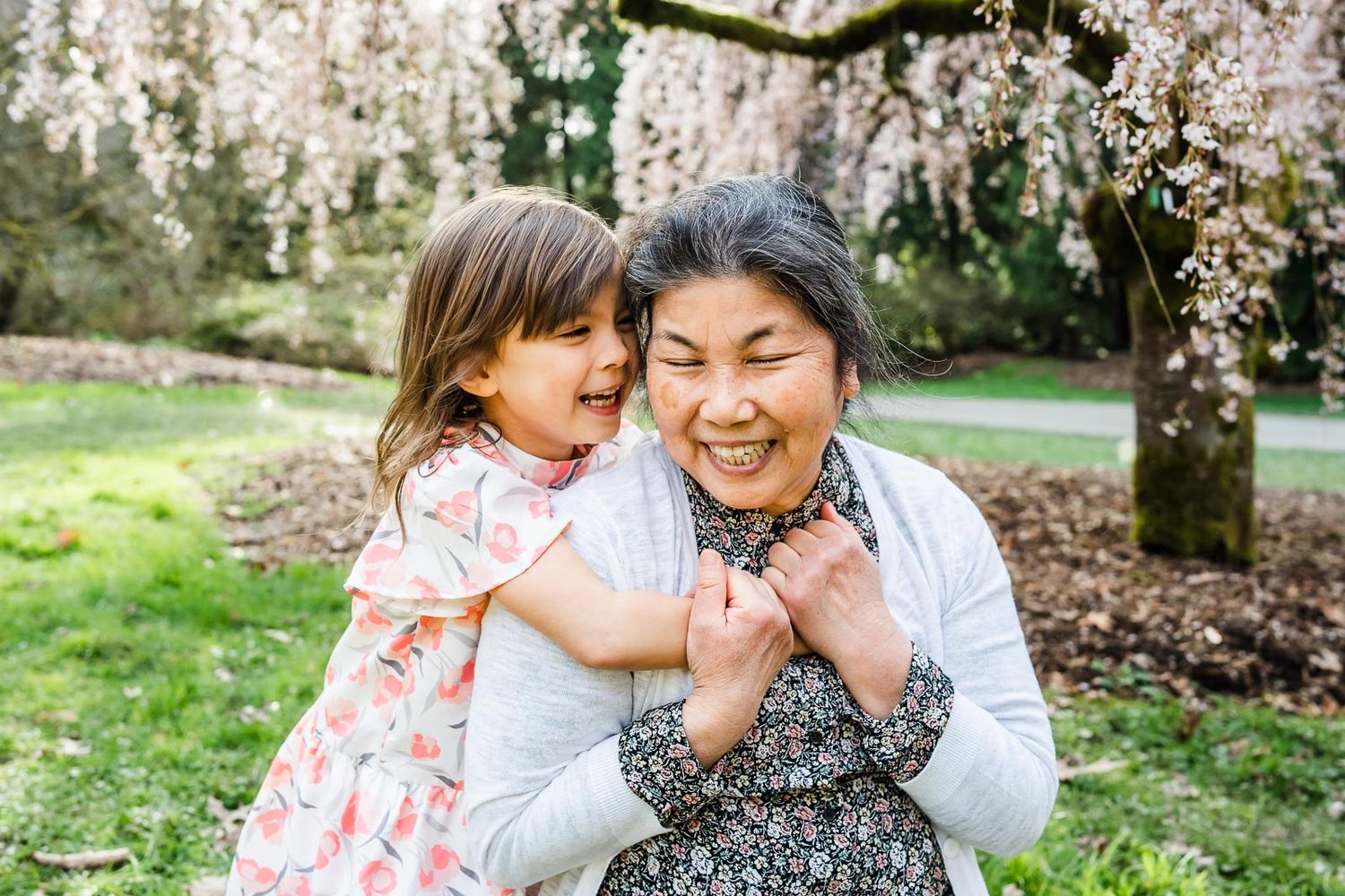 Photographer captures grandmother with granddaughter in front of pink cherry blossoms in Seattle