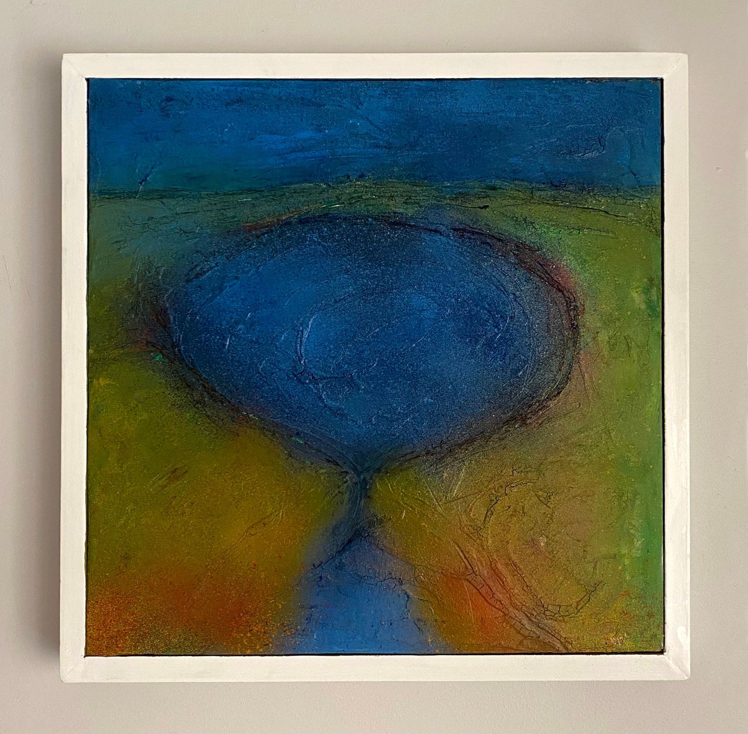 'Oceanic Blue Hole III' mixed media painting on canvas. Circular body of blue water on a hazy, green background.