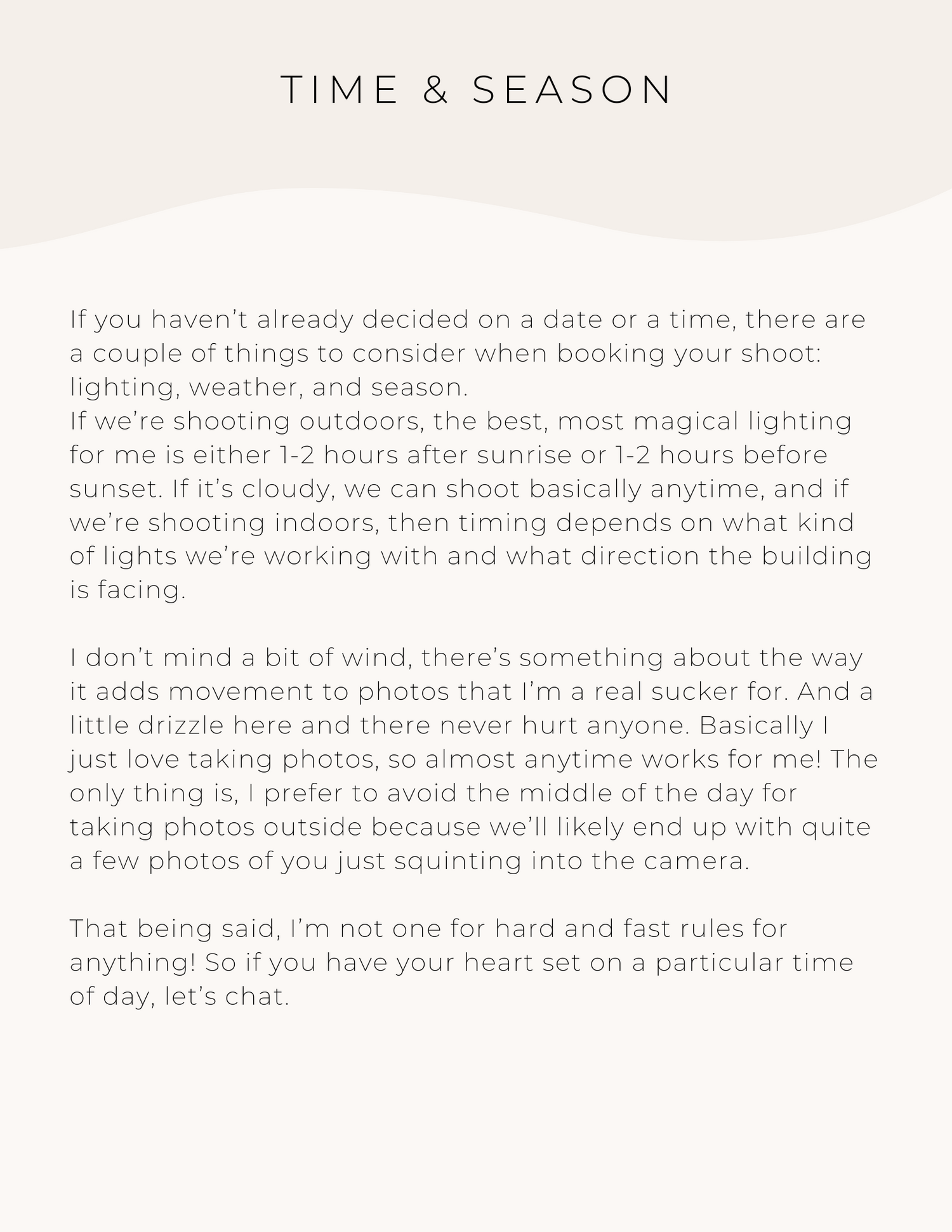 Text layout discussing timing and seasonal considerations for photography sessions.