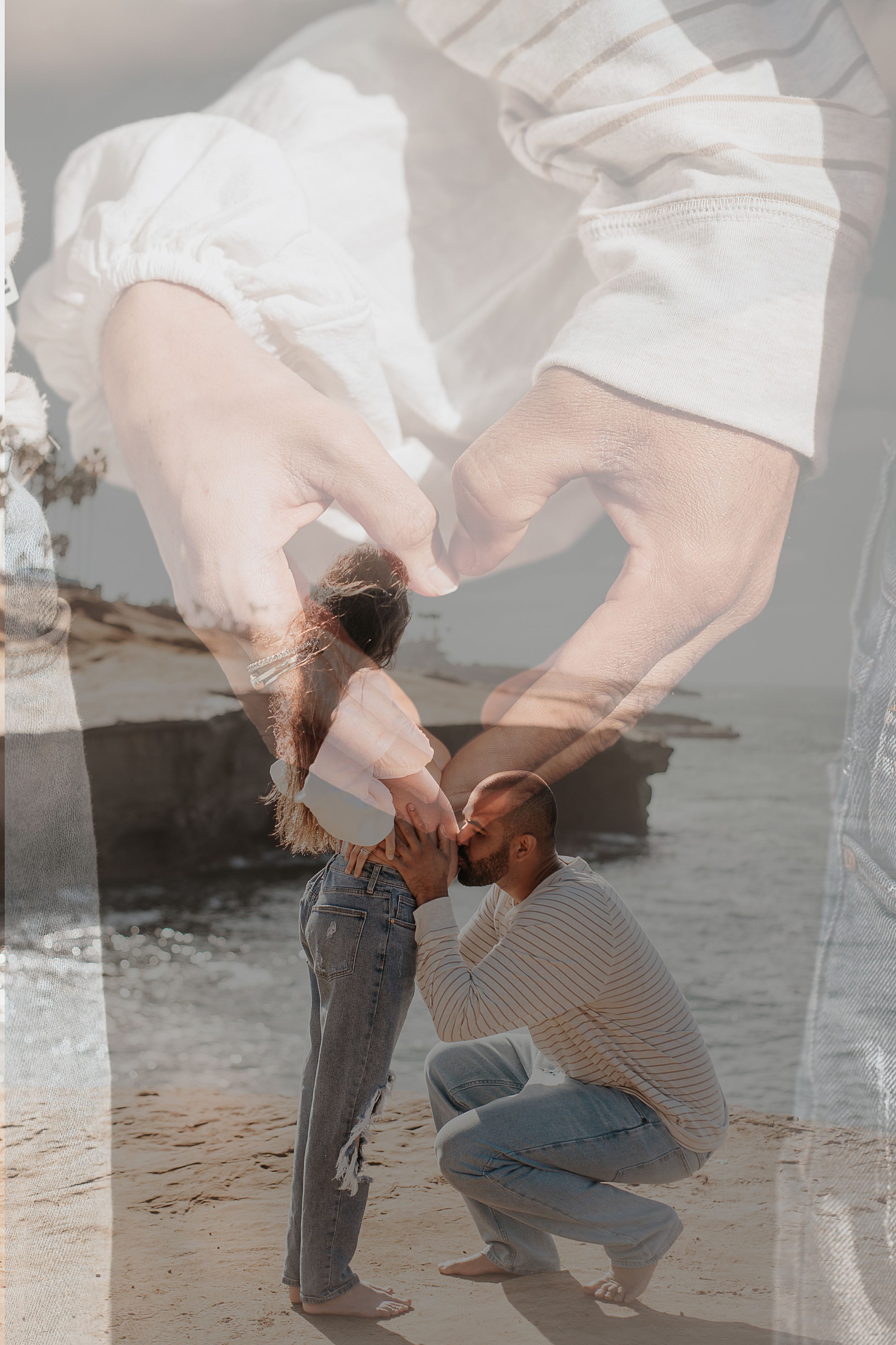 Double exposure artistic beach maternity photography with overlapping silhouettes.