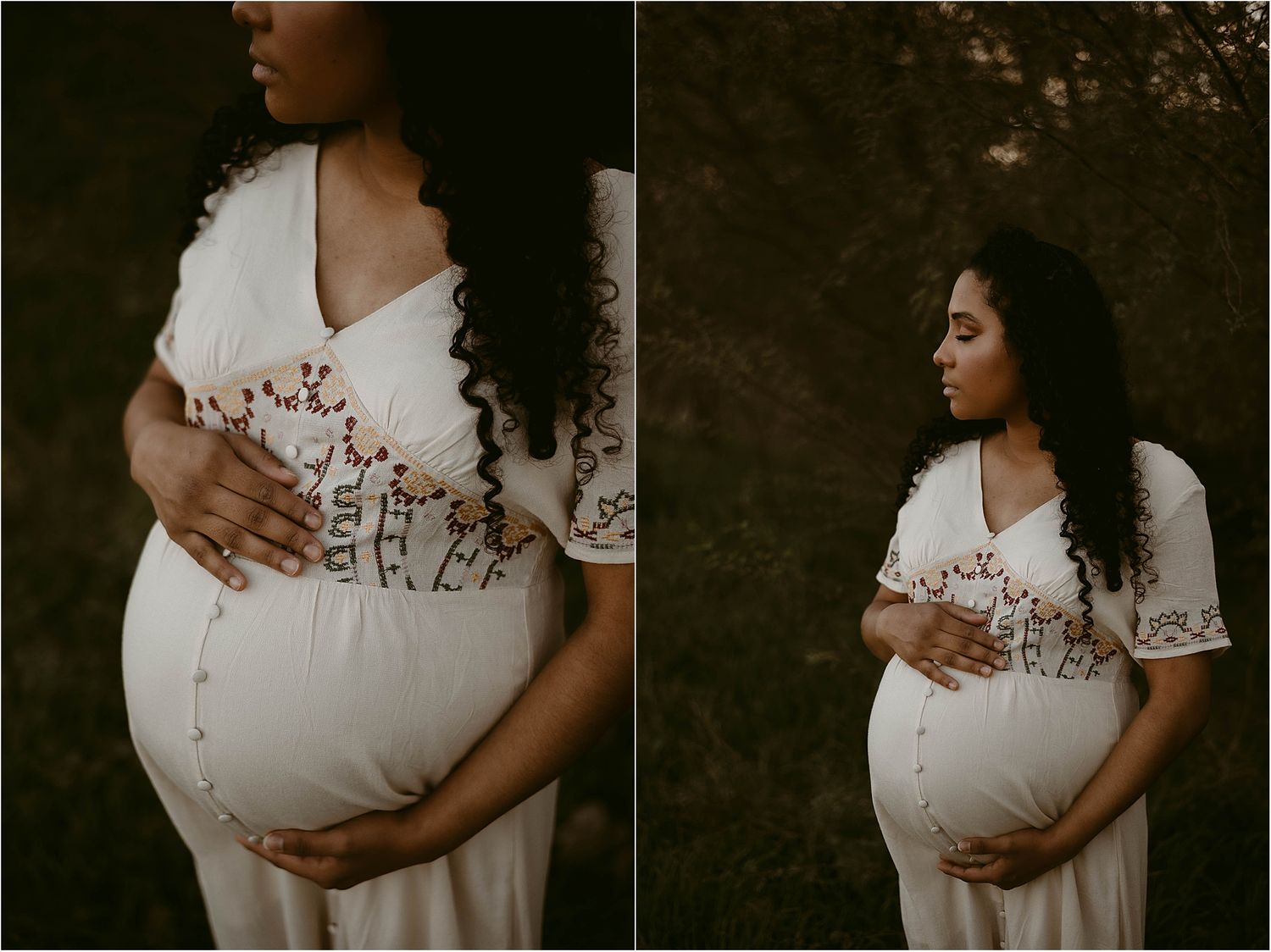 A maternity photoshoot features a flowing white dress with embroidered details against a moody dark background.