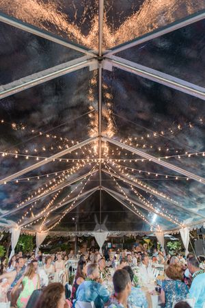 Reception under clear tent with lights