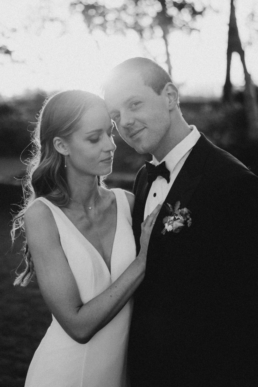 Black and white portrait of bride and groom