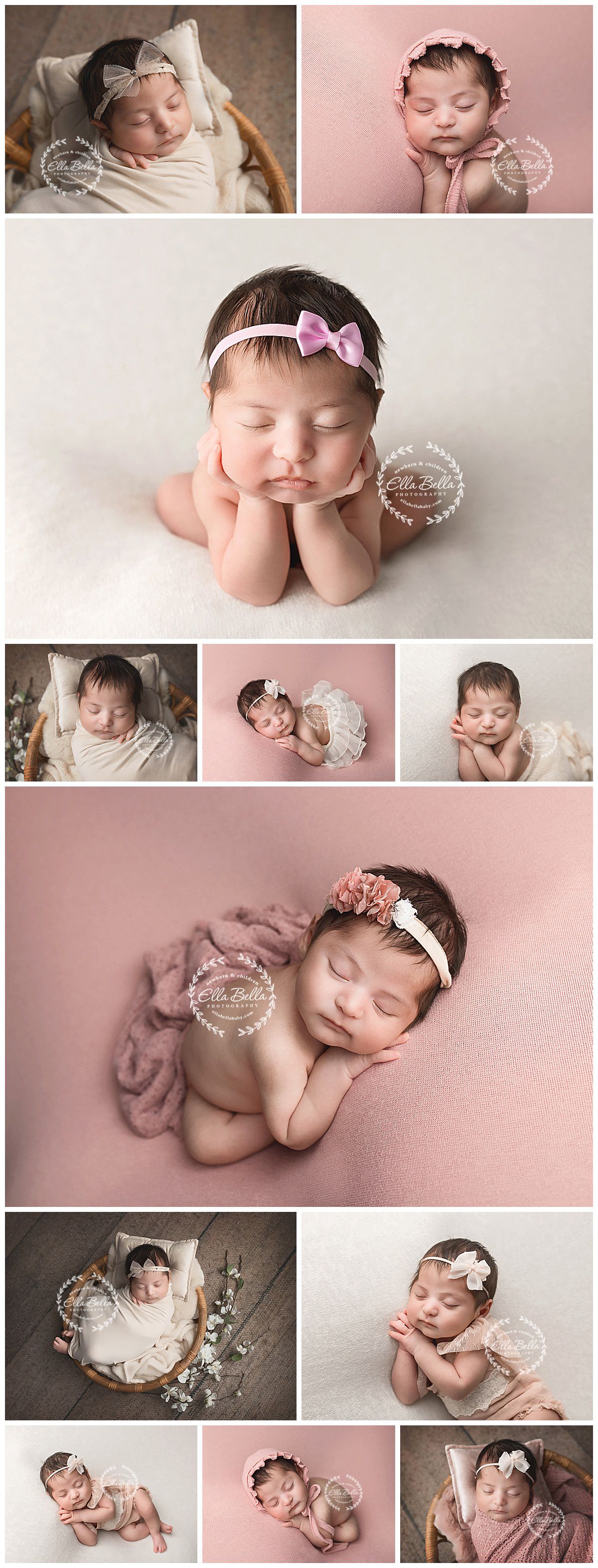 Artistic newborn photo collection showing baby in various sleeping poses with delicate accessories.