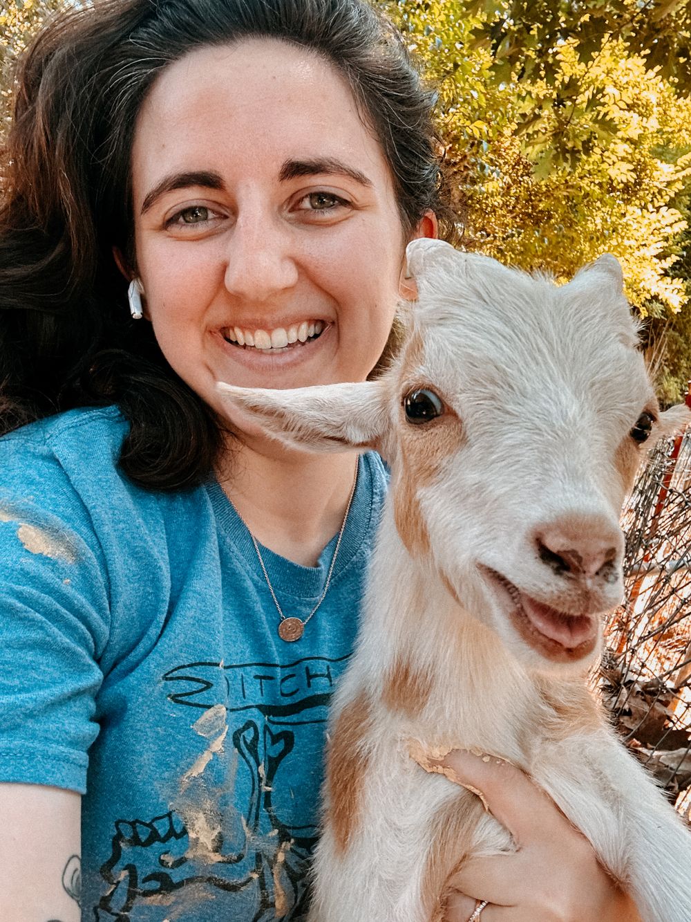 Close-up photos with a friendly white goat showing playful expressions.