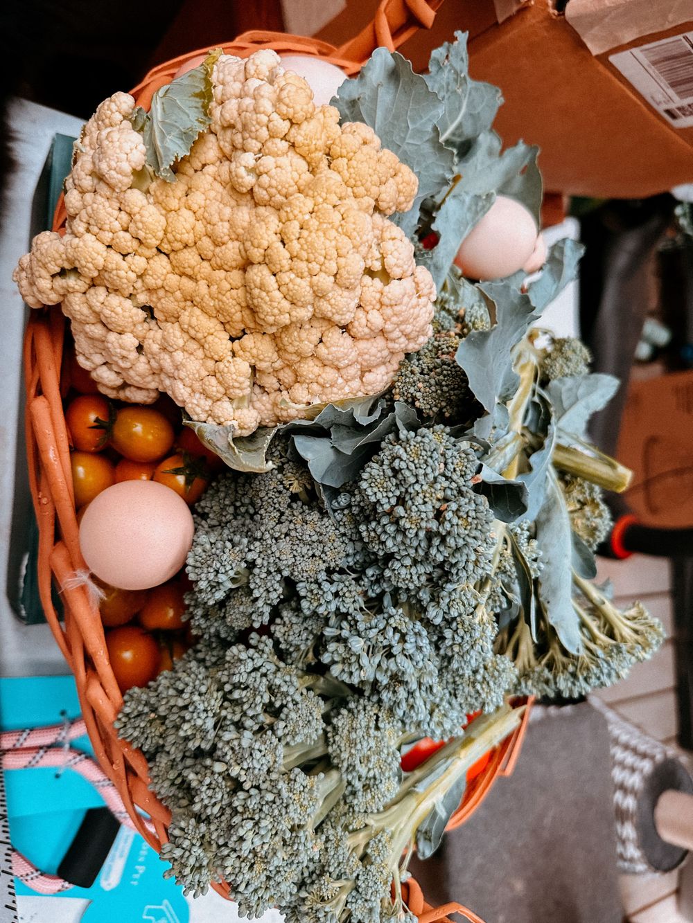 Fresh vegetables including cauliflower, kale, and carrots in a basket.