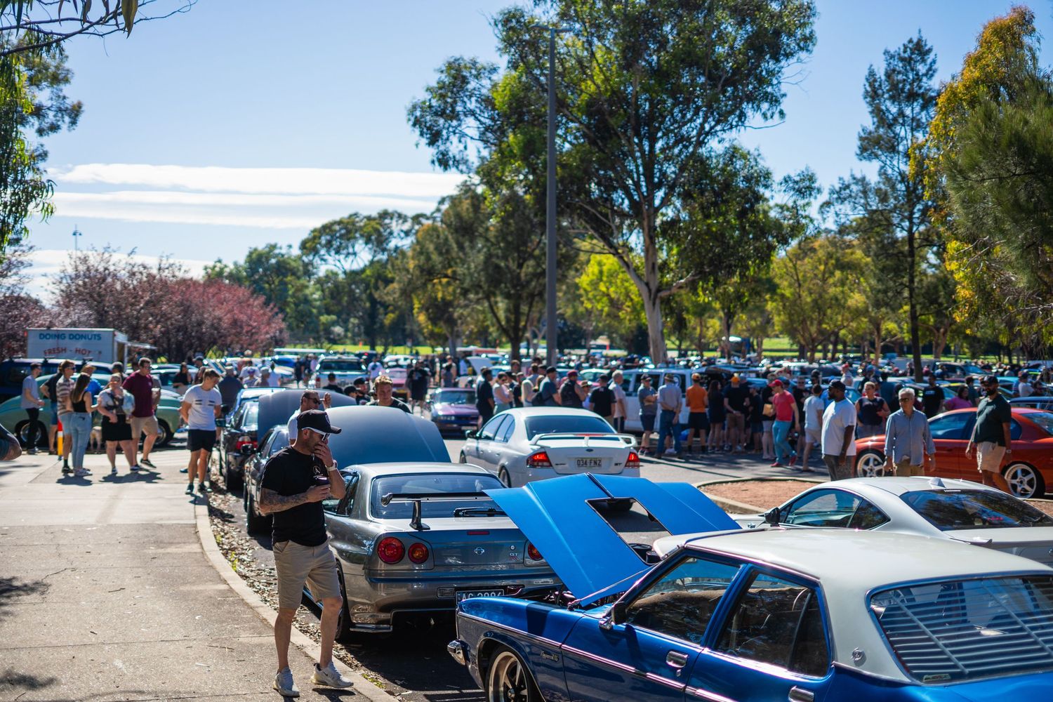 A large gathering of classic and modified cars at an outdoor car show under tall trees.