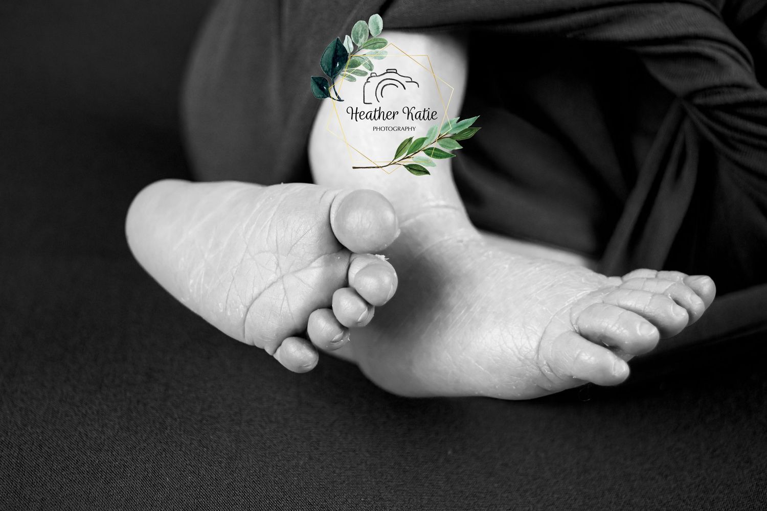 Black and white image of newborn baby feet by photographer in Doncaster
