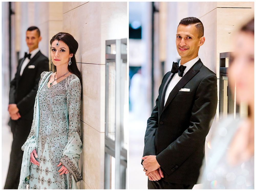 Side by side portraits of a couple in formal wear against a light wall.