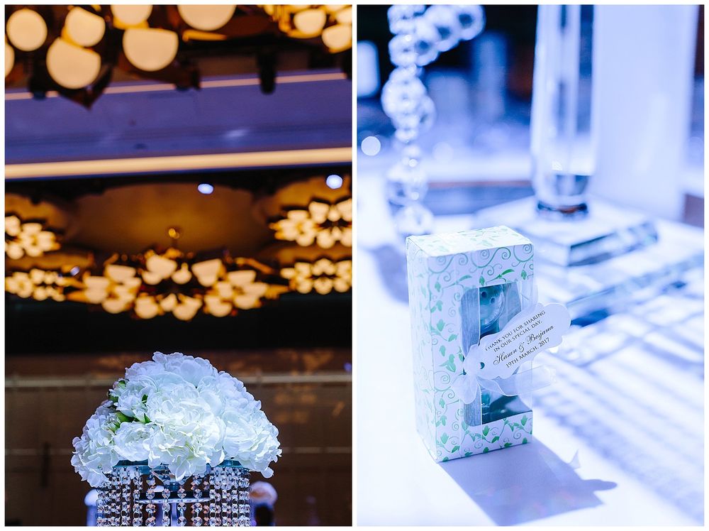 Wedding reception details featuring illuminated decor and crystal ice sculptures.
