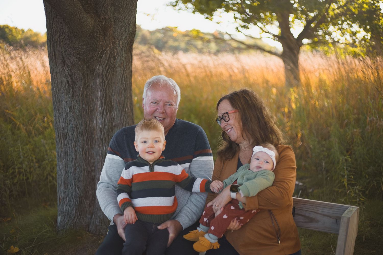 grandparents holding grandchildren on park bench under tree maywood sheboygan wi