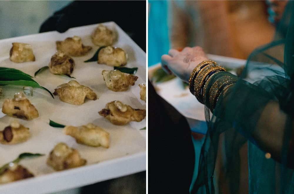 cocktail hour of wedding food and an arm