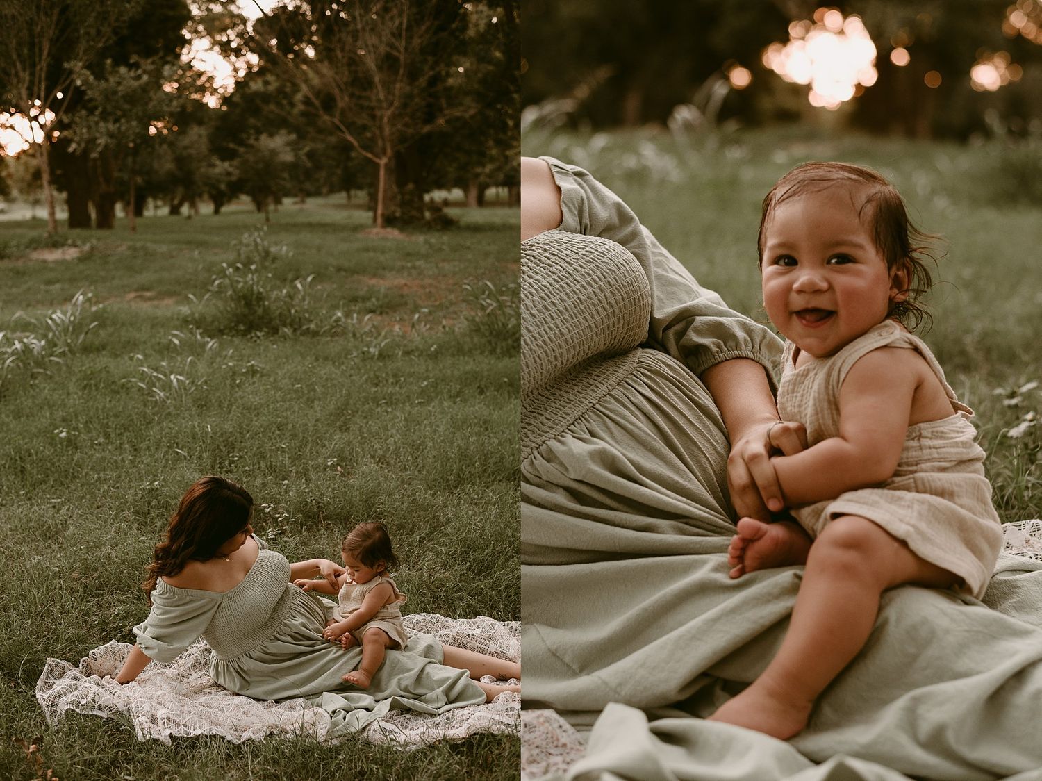 Two photos of a sweet outdoor moment between parent and child sitting on a blanket at dusk.