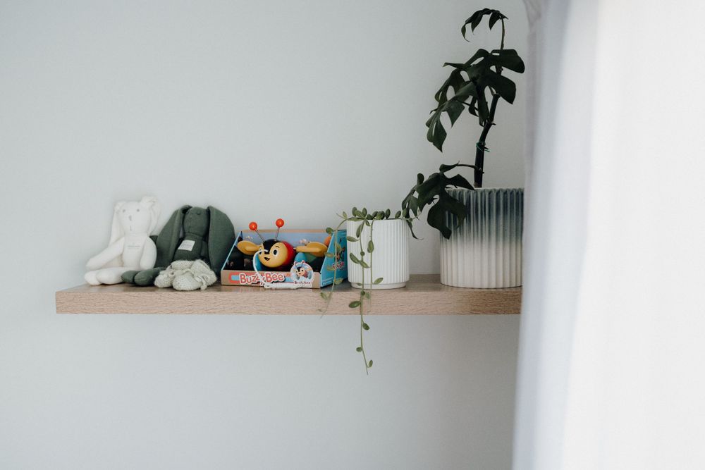 Decorative nursery shelf displaying stuffed animals, plants and personal items.