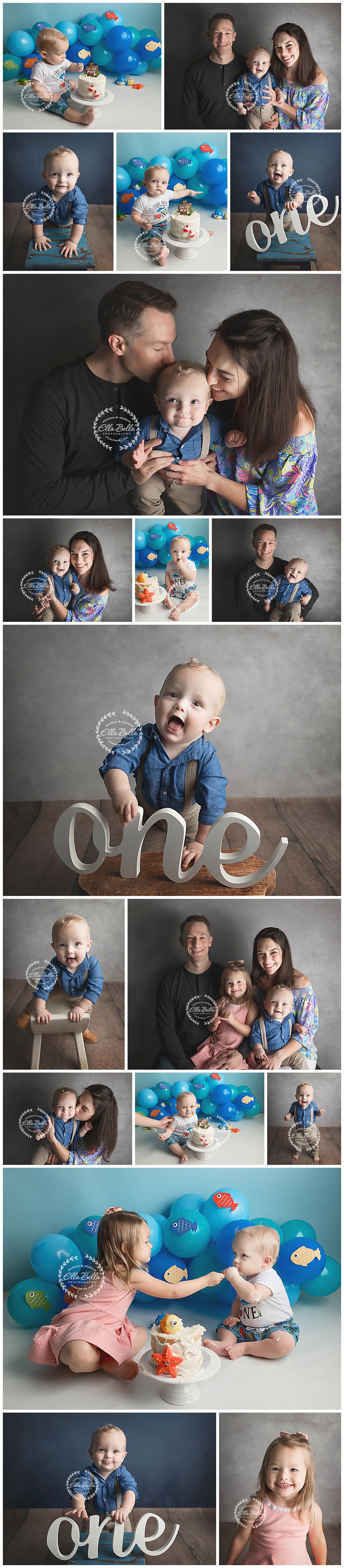 First birthday photo collage featuring cake smash, family portraits and milestone decorations.