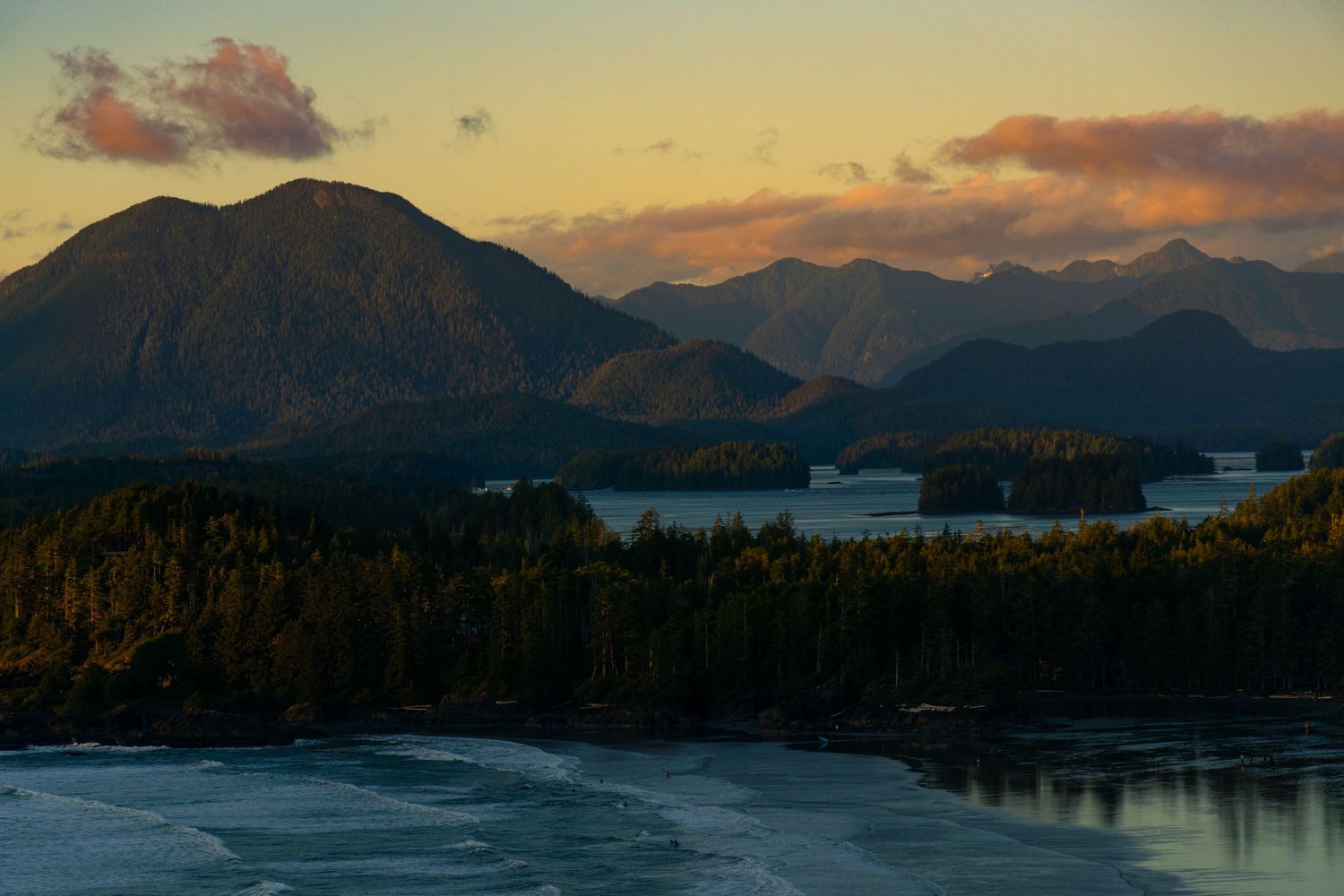 sunset photo of beach and inlet on west coast of vancouver island