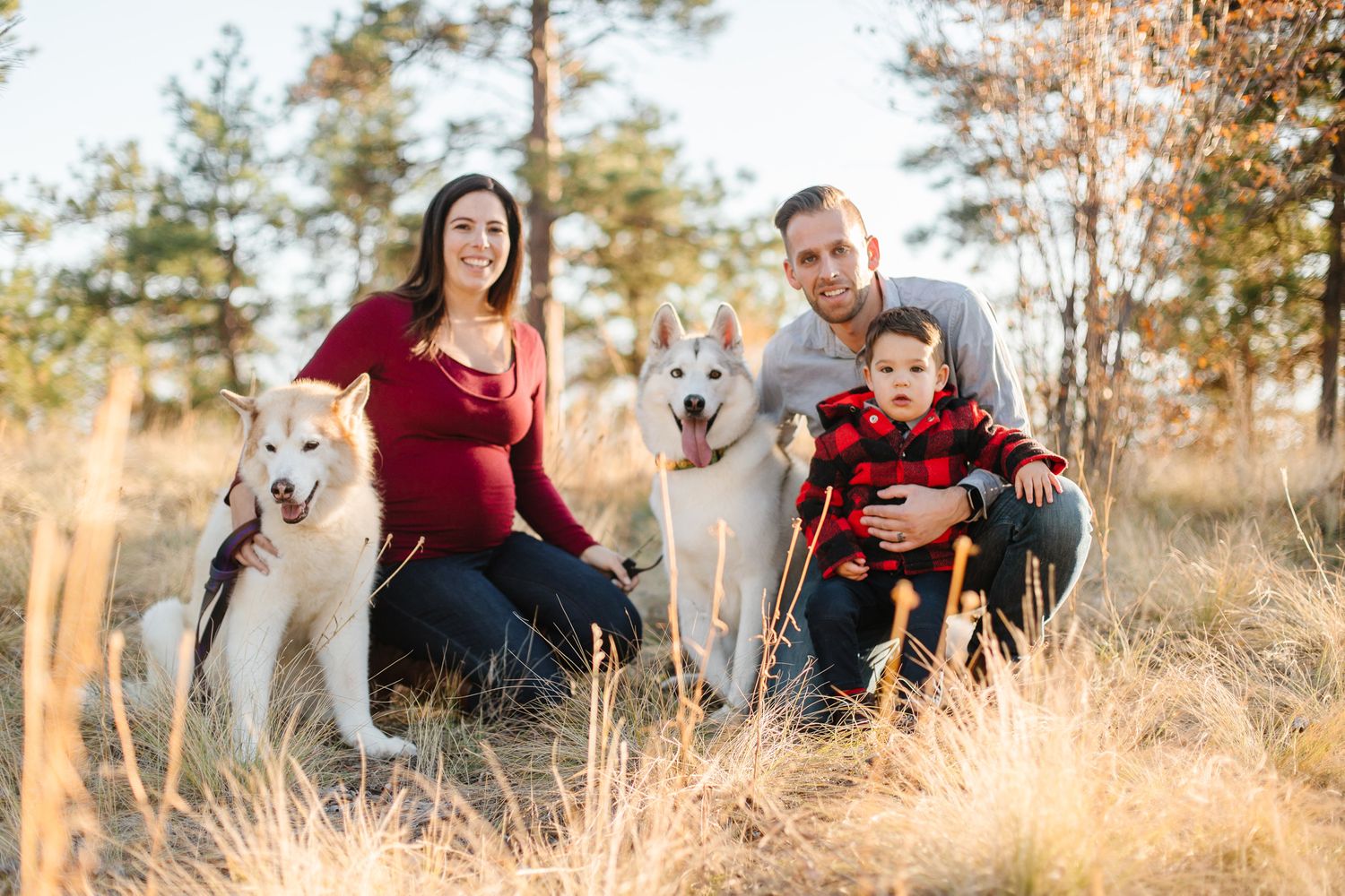 Family with two white dogs posing together in autumn field at sunset.