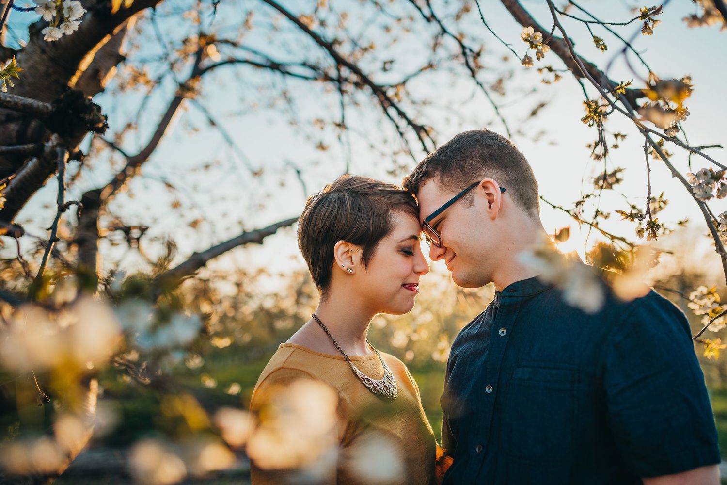 Romantic couple embracing under blooming cherry blossoms at sunset.